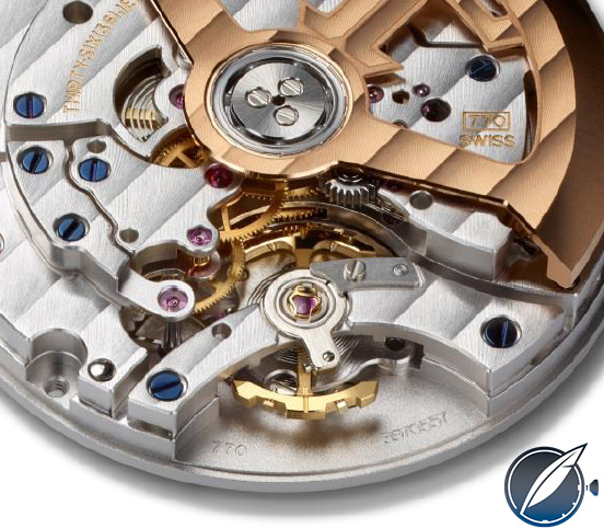 Jaeger-LeCoultre Geophysic movement detail with the Gyrolab balance visible at the bottom and the dead seconds spring to the left of the rotor hub