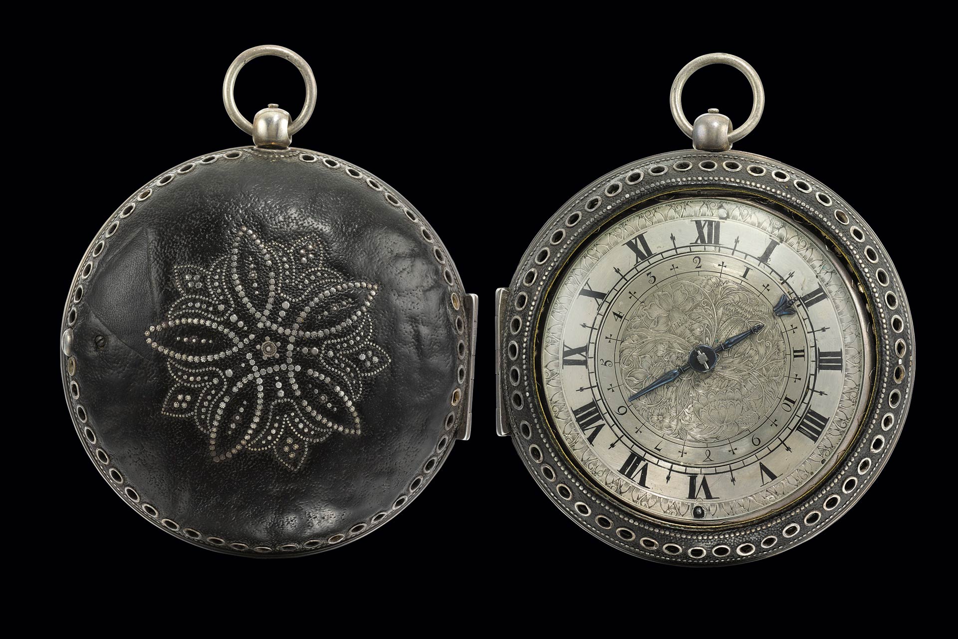 Lot 2: Edward East A VERY RARE SILVER HOUR STRIKING COACH WATCH WITH ALARM AND LEATHER OUTER PROTECTIVE CASE CIRCA 1655