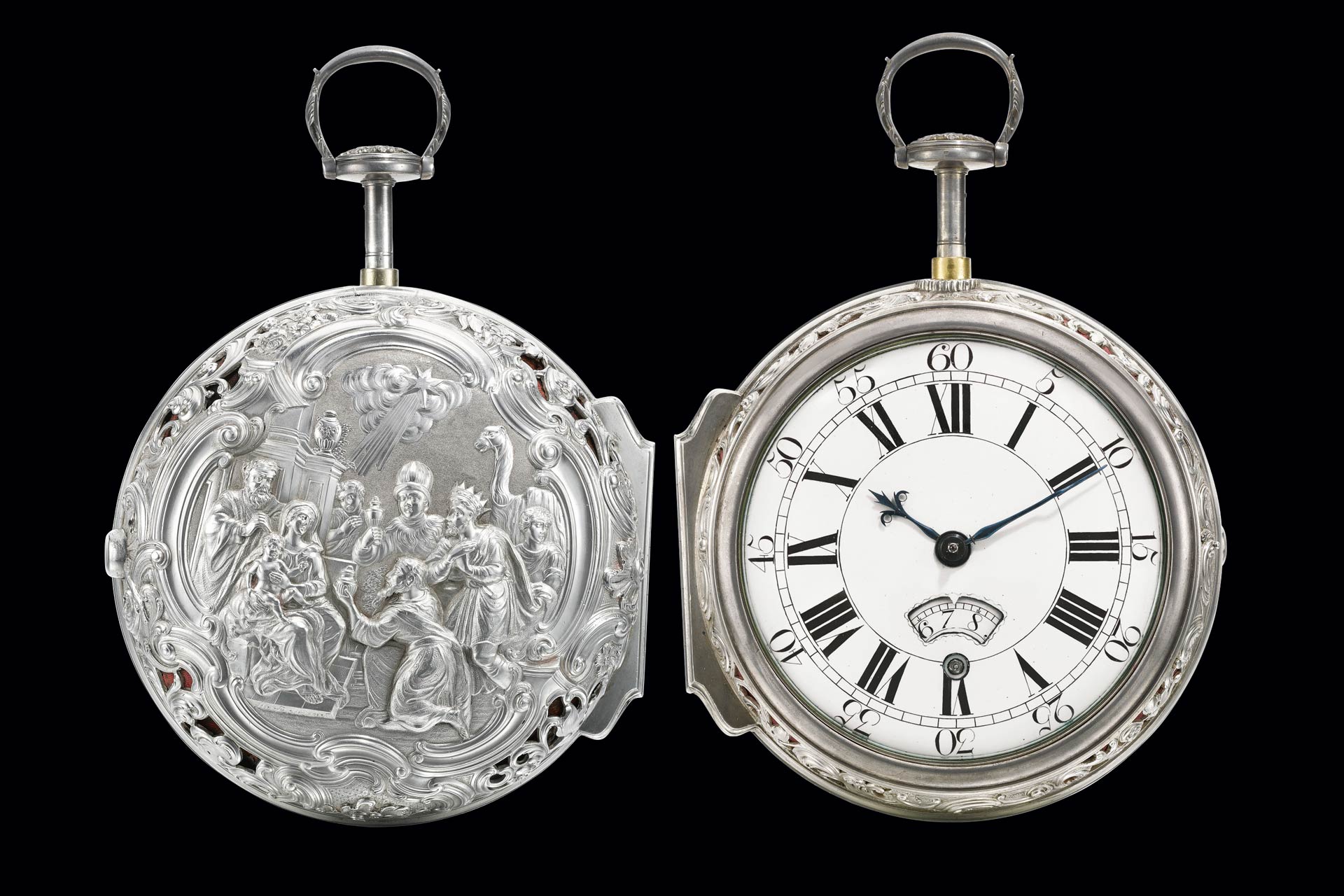 Lot 23: Walter Partrige, London A MAGNIFICENT, VERY RARE AND MASSIVE SILVER TRIPLE CASED TWO TRAIN HALF QUARTER REPEATING REPOUSSE COACH WATCH WITH ALARM 1756
