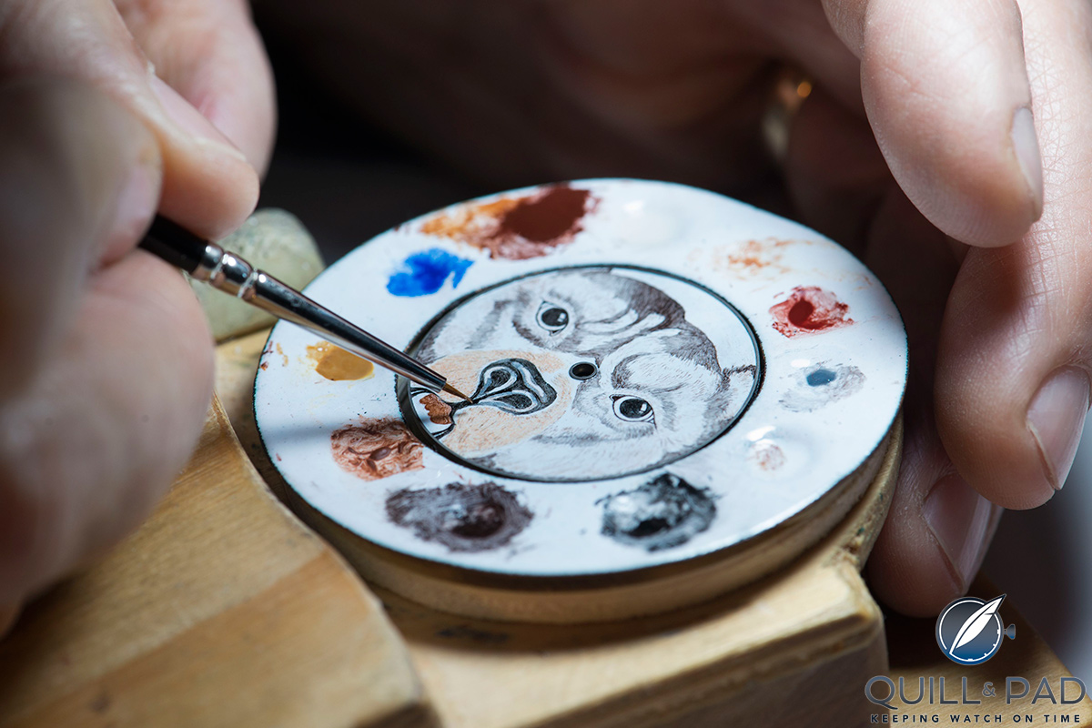 Slim d’Hermès Grrrrr enamel dial in the process of being painted (photo courtesy Pierre William Henry/Hermès)