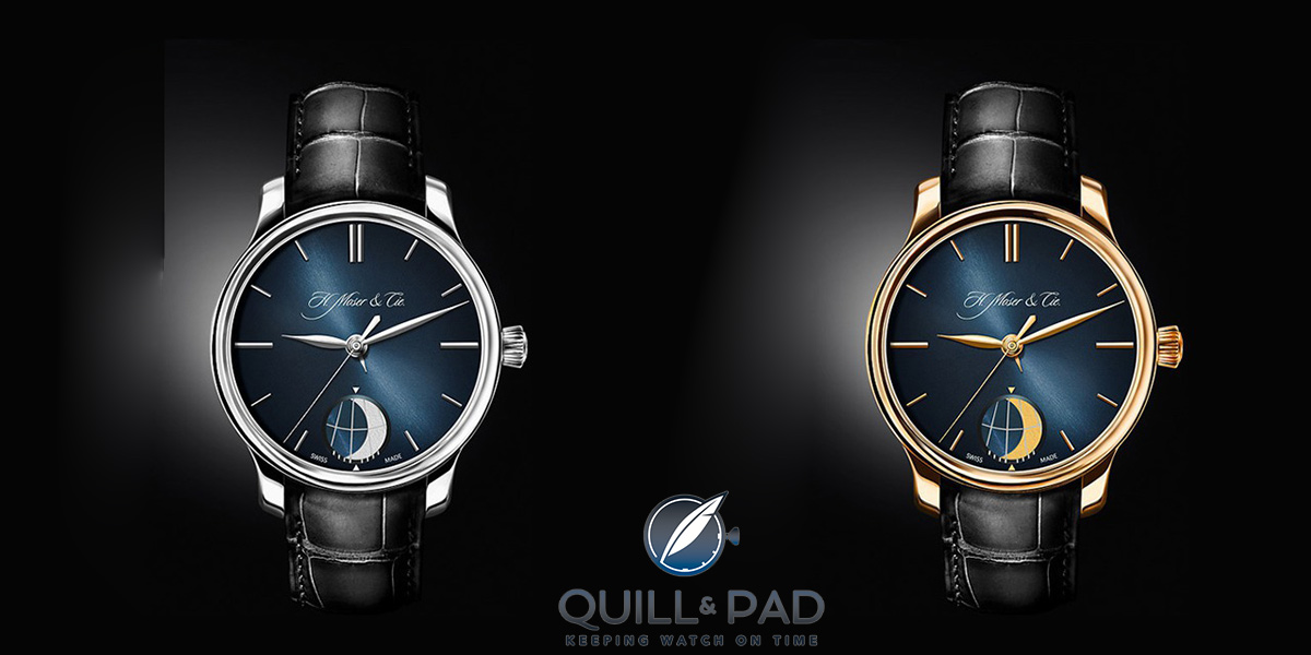H. Moser & Cie Endeavour Moon in platinum (left) and red gold
