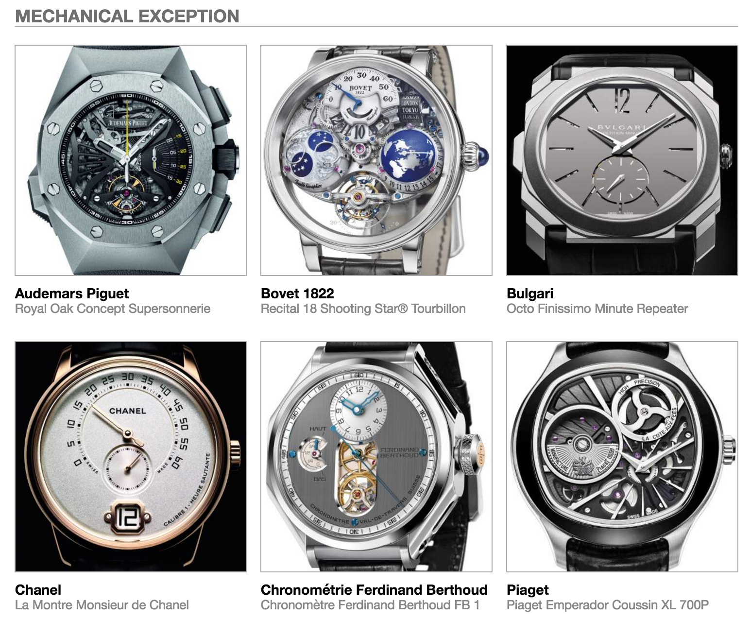Pre-selected Mechanical Exception watches in the 2016 GPHG