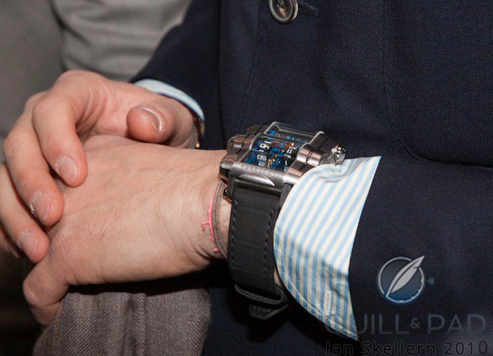 Rebellion T-1000 on the wrist of case designer Eric Giroud, who was handing it here for the first time