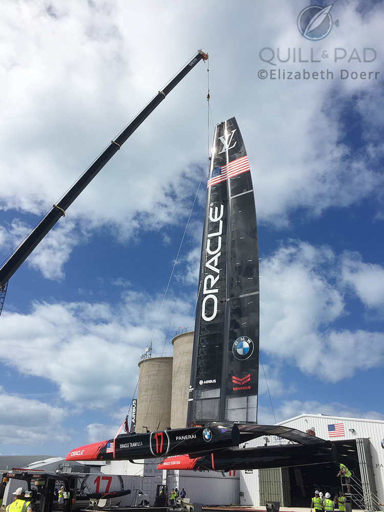 The Oracle Team USA America’s Cup Class Yacht AC50 introduced on February 14, 2017 being lifted into the water