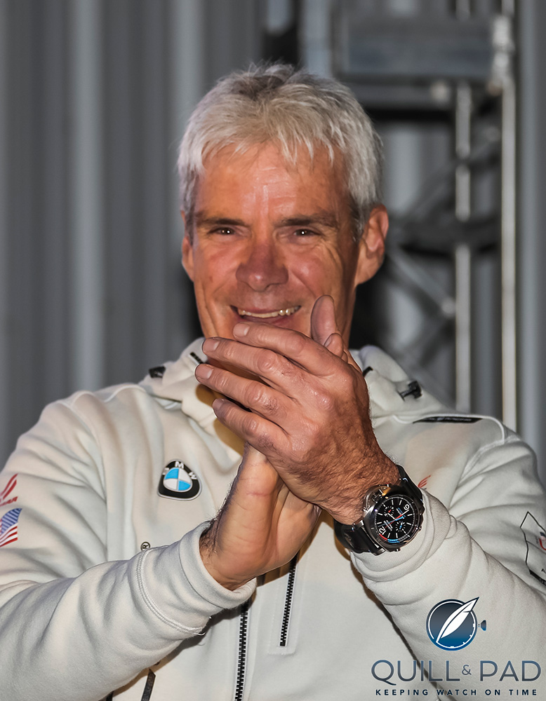 Oracle Team USA COO Grant Simmer wearing the Panerai Luminor 1950 Regatta Oracle Team USA 3 Days Chrono Flyback Automatic Titanio at the team’s America’s Cup Class Yacht AC50 launch on February 14, 2017 in Bermuda (photo courtesy Carlo Borlenghi/BMW)