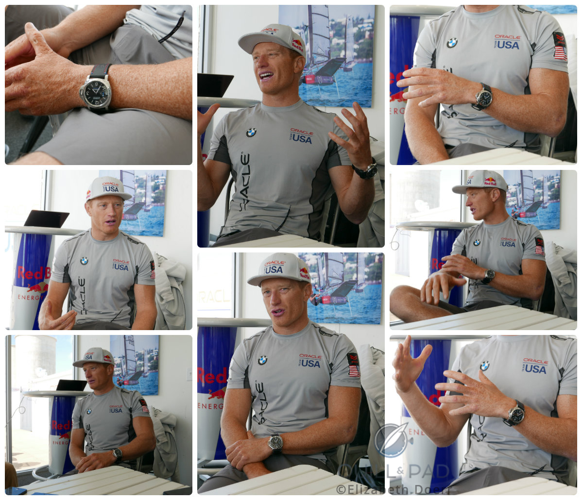 immy Spithill, skipper of Oracle Team USA, speaks expressively with the Panerai Luminor Marina Oracle Team USA 8 Days Acciaio on his wrist at the team's Bermuda base