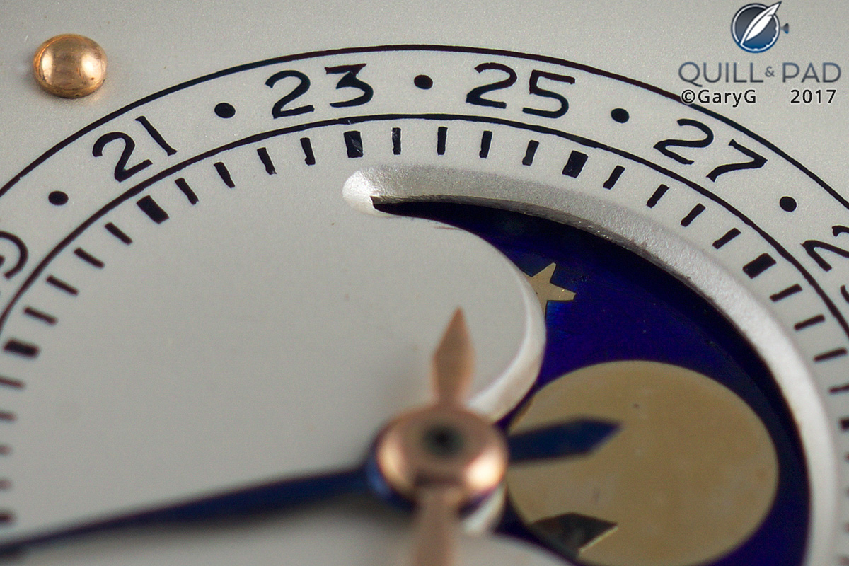 True hand-craftsmanship: dial detail, Patek Philippe Reference 1526 showing date, seconds, and moon phase
