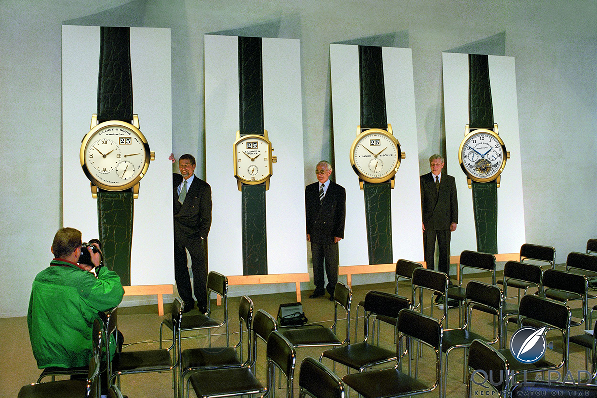 TL-R: Blümlein, Lange and Knothe under posters of the first four models launched by A.Lange & Sohne dated 24 October 1994
