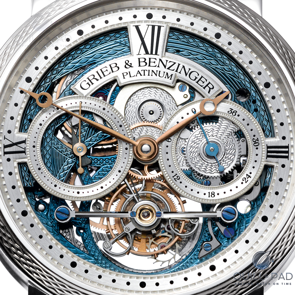 Intricately skeletonized and engraved dial of the Grieb & Benzinger Blue Merit