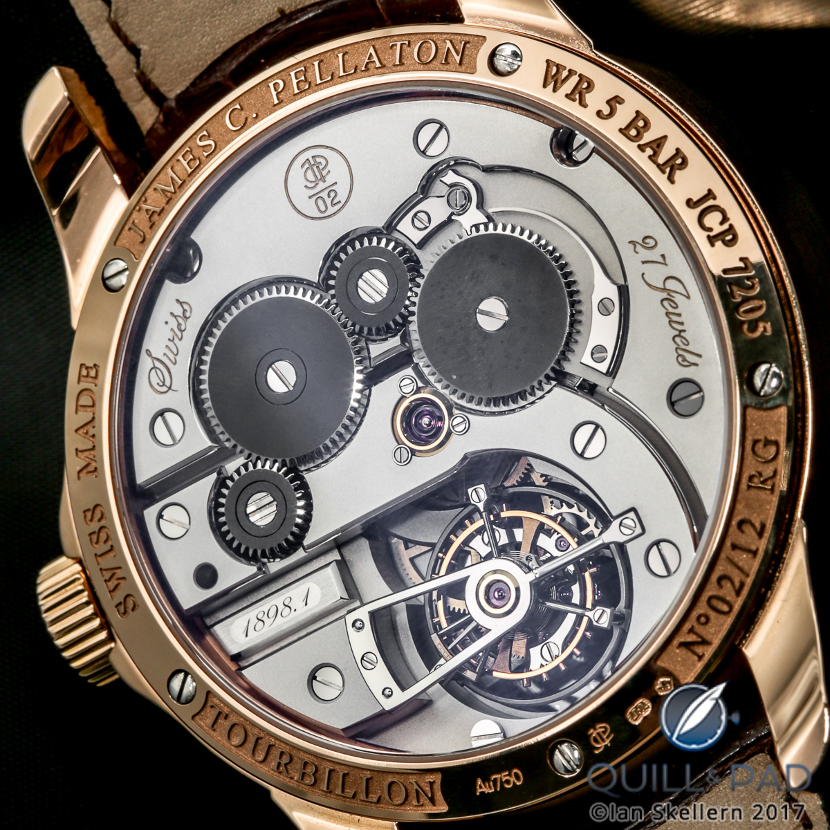 Close up look at the movement through the display back of the James Pellaton Chronometer Royal Marine