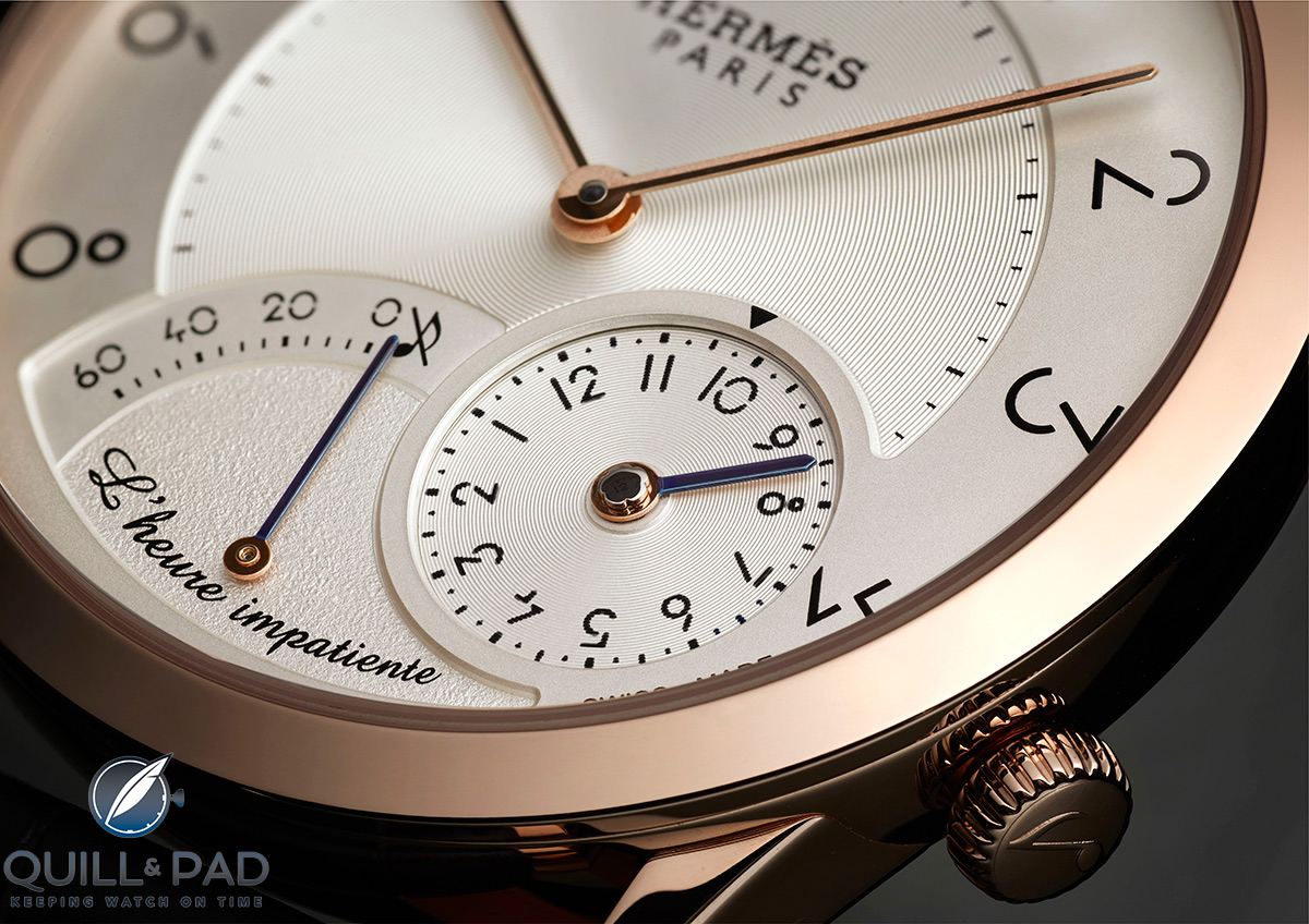 Close up view of the dial of the Hermès L’Heure Impatiente