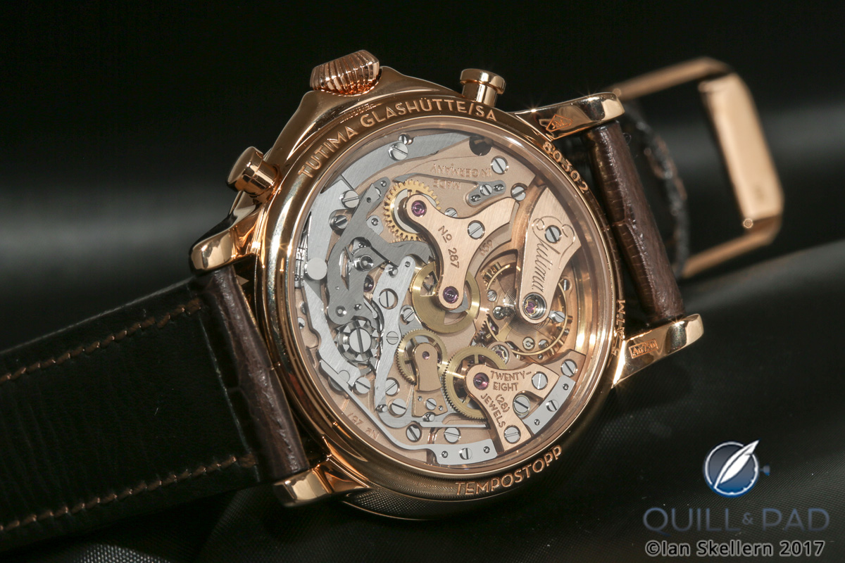 View through the display back to the beautiful movement of the Tutima Tempostopp Flyback Chronograph
