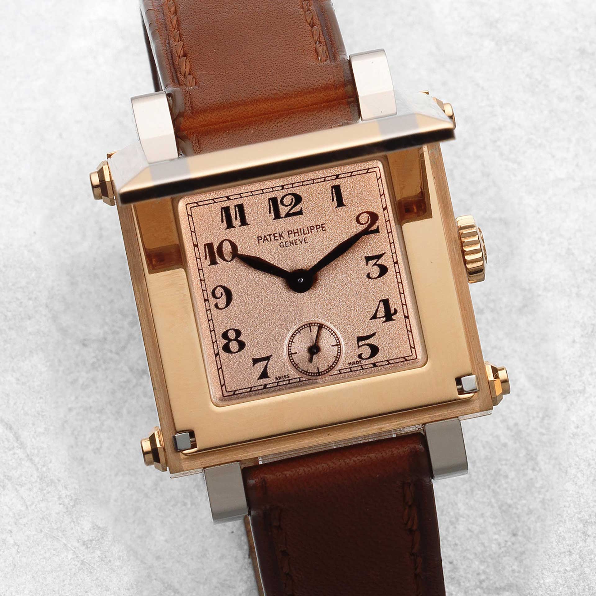 LOT 30 Patek Philippe 18k Two Colour Gold Manual Wind Square Wristwatch With Concealed Dial