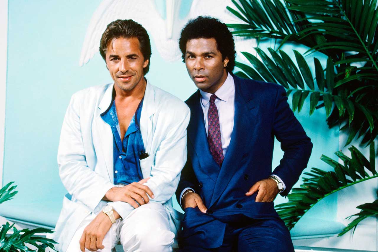 Johnson and Michael Thomas as Crockett and Tubbs, Johnson is wearing the Ebel Sport Classic Chronograph.