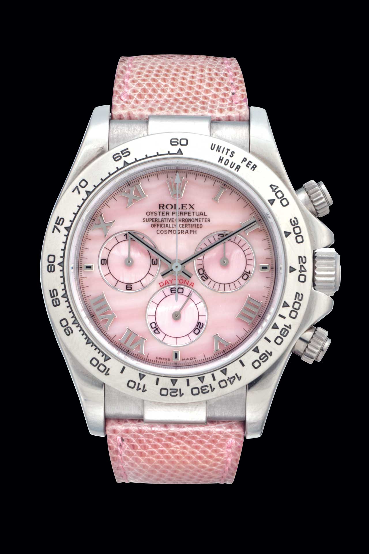 A modern pink Rolex Daytona Beach with a mother-of-pearl dial, and lizard straps matching with dial color.