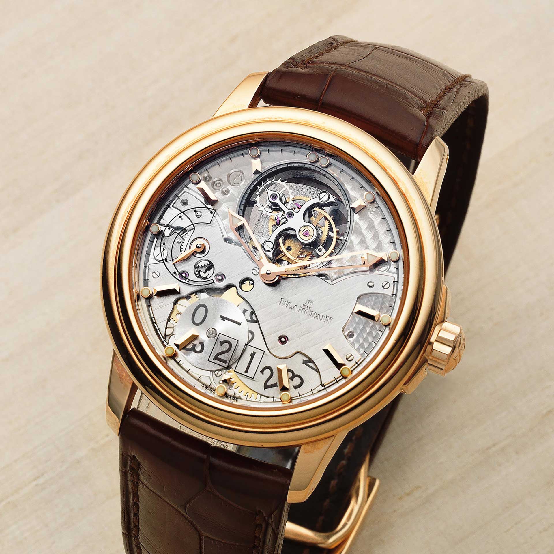 LOT 116 Blancpain 18k Rose Gold Automatic Semi-Skeletonised Tourbillon Calendar Wristwatch With 8 Day Power Reserve