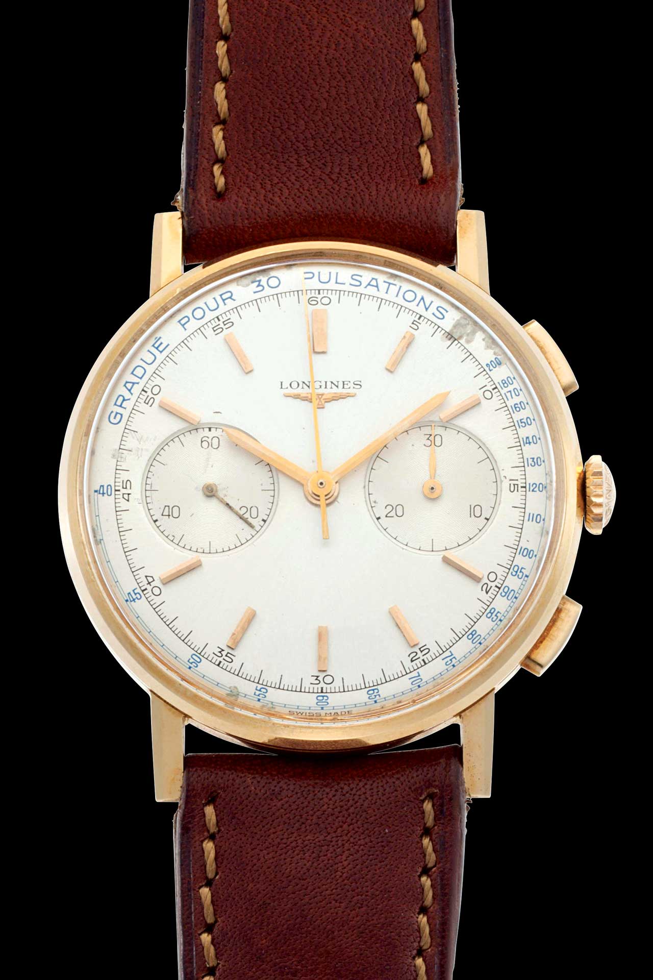 Longines 18k gold chronograph wristwatch, ref. 7414