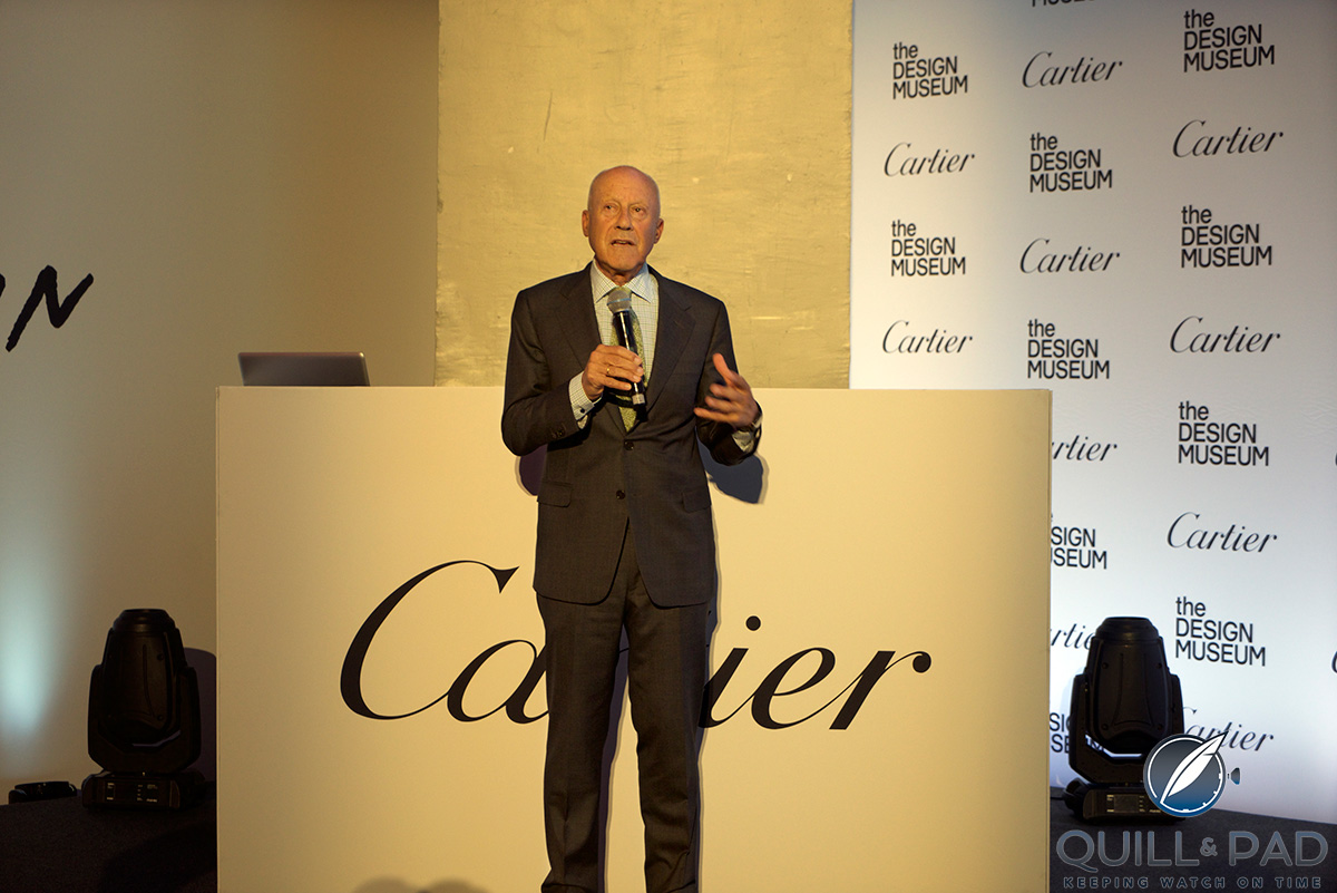Lord Norman Foster, curator of 'Cartier in Motion,' opens the exhibition at the London Design Museum (photo courtesy George Cramer)