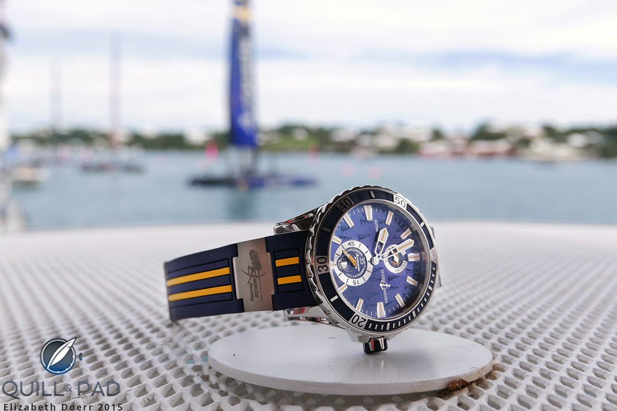 The Ulysse Nardin Marine Diver Artemis Racing in Bermuda with boats racing in the America’s Cup in the background