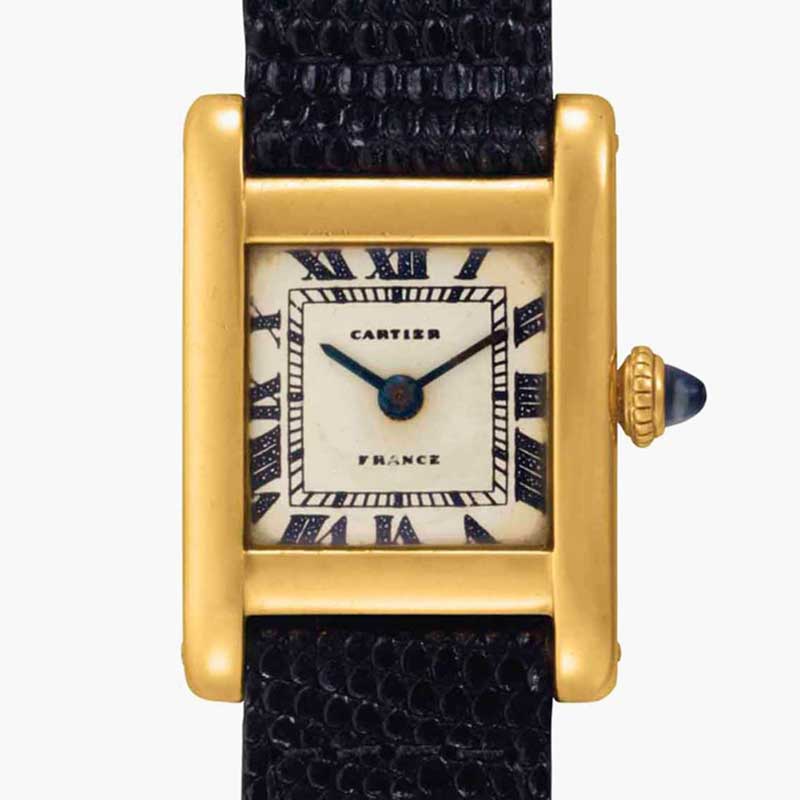 Lot 250: Cartier. A Fine and Historically Important 18k Gold Square-shaped Wristwatch, Belonging to Jacqueline Kennedy Onassis, and an Original Painting by Jacqueline Kennedy Onassis