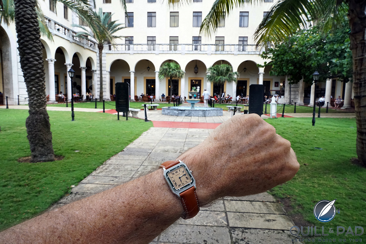 Cartier Santos Dumont wrist shot in front of the Hotel Nacional in Havana, Cuba (photo courtesy George Cramer)