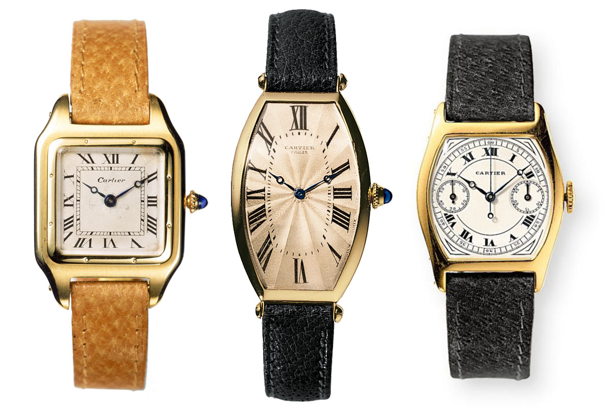 Cartier vintage watches - Cartier Santos Dumont 1904 - Cartier Tonneau 1908 - Cartier Tortue Monopoussoir 1928